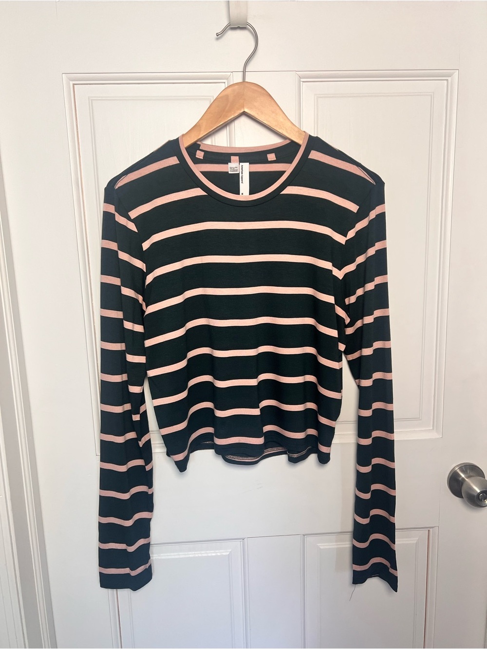 American Apparel Striped Long-Sleeve Crewneck Top in Green & Blush